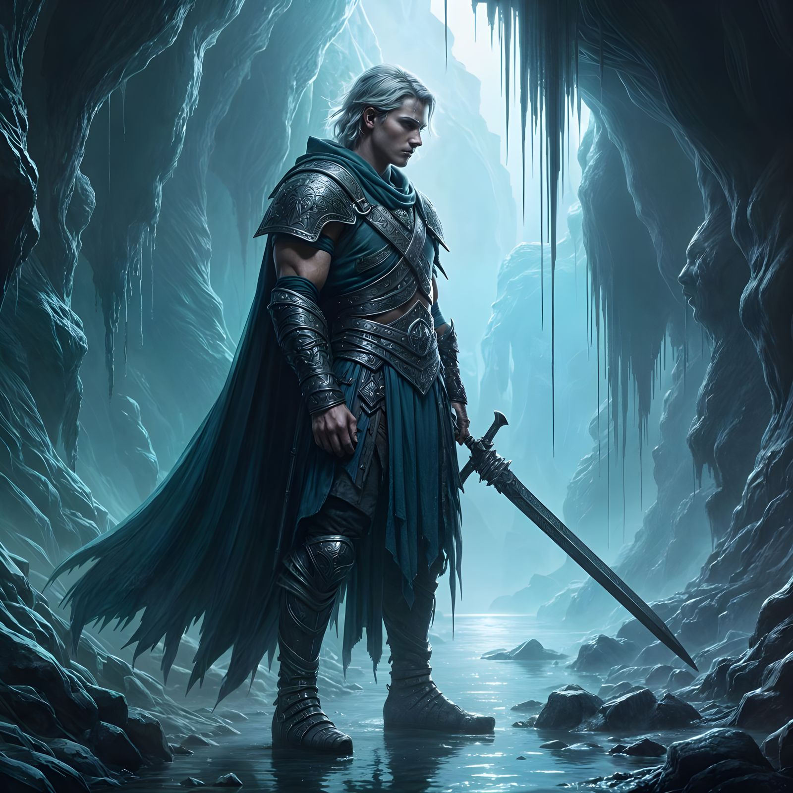 Bioluminescent Cavern Guard in Art Nouveau Style