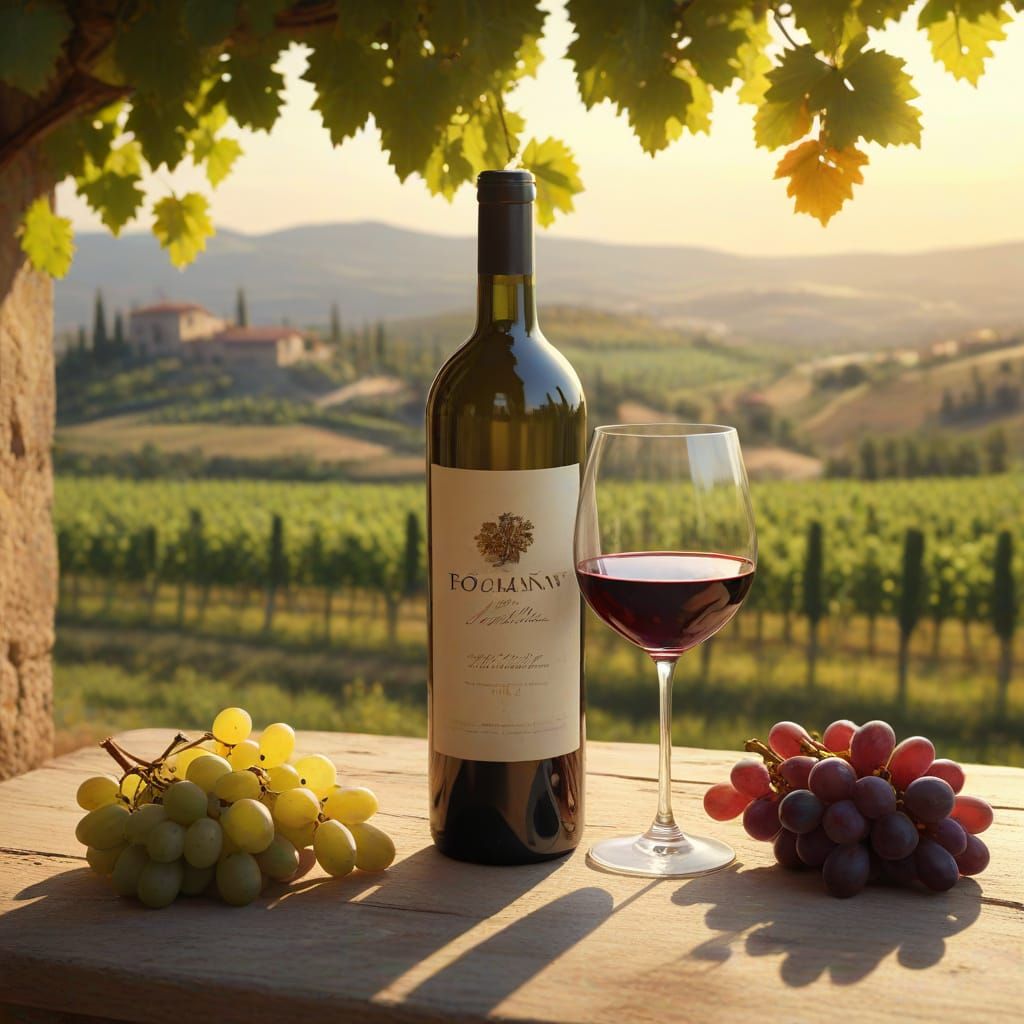 Tuscan Vineyard Wine Bottle in Oil Painting Style