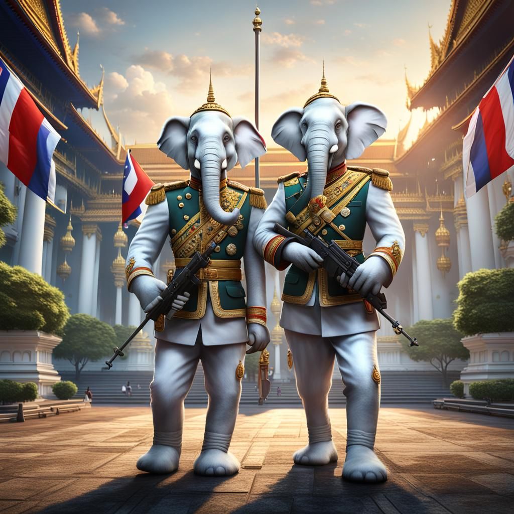 Thai Military Elephants Guard Grand Palace: Fantasy Art
