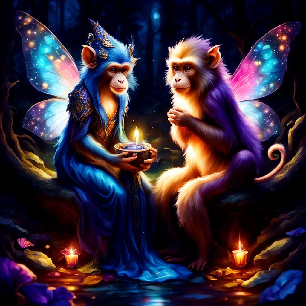 Fairy Monkey and Wizard in Mystical Forest
