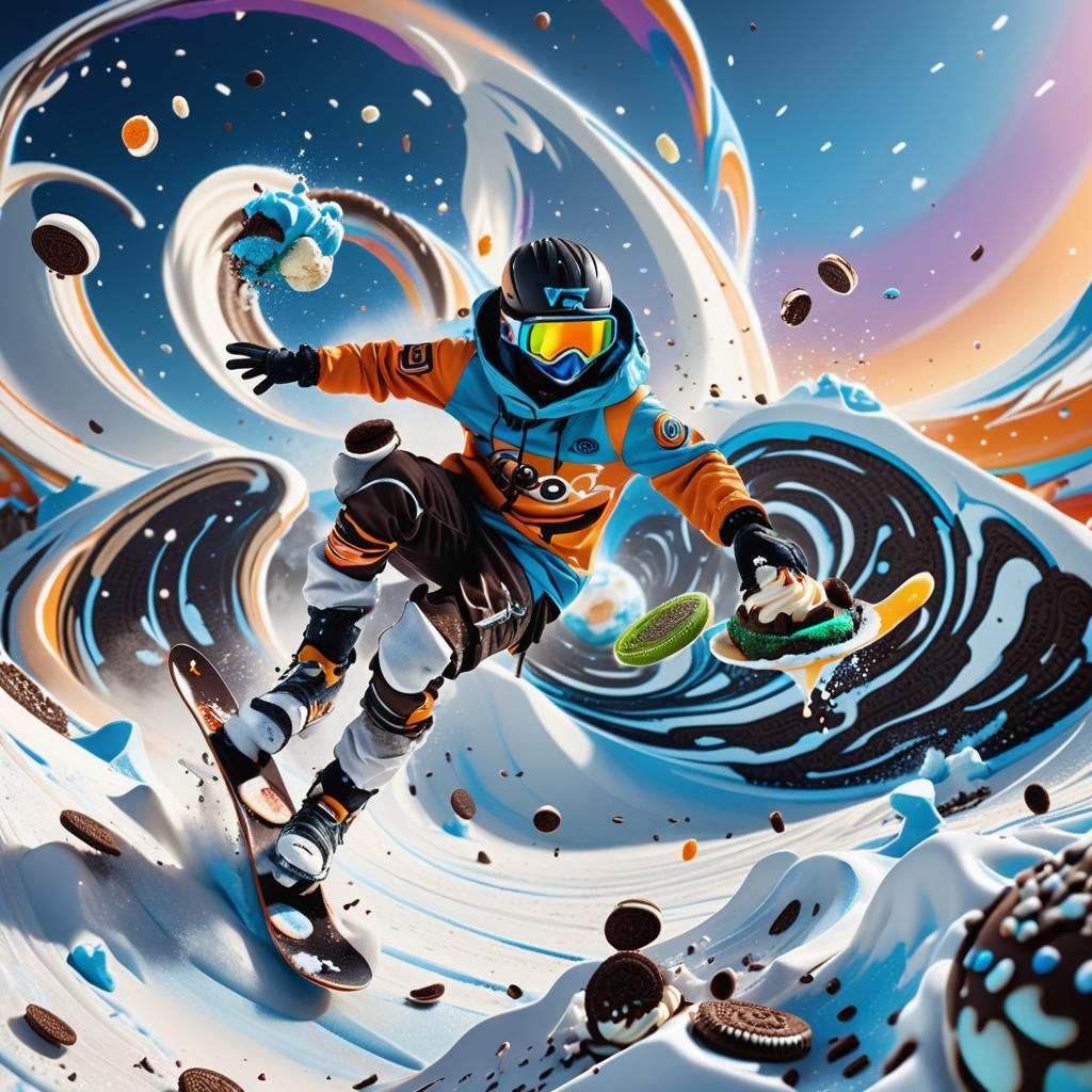 Snowboarder in Oreo Cookie Ice Cream Fantasy Arena