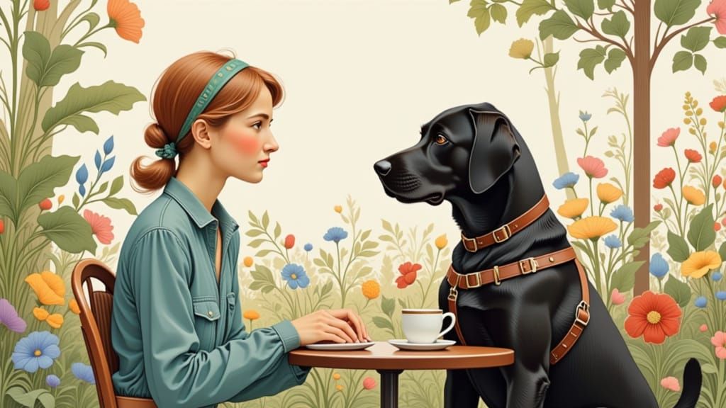 Labrador Guide Dog in Cafe, Watercolour Illustration