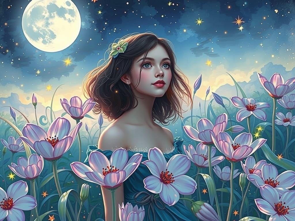 Whimsical Floral Dreams Under Full Moon