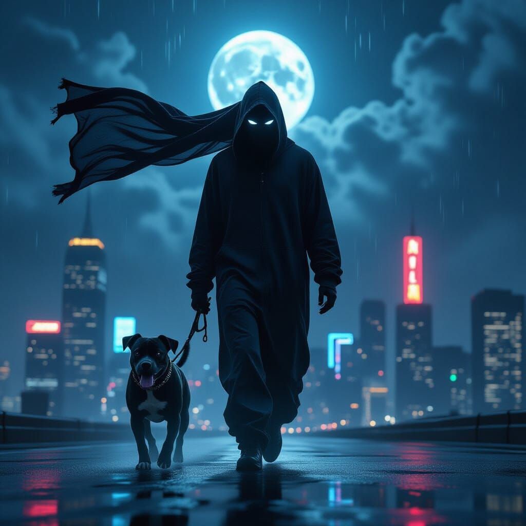Futuristic Boogeyman Figure with Pit Bull Under Full Moon