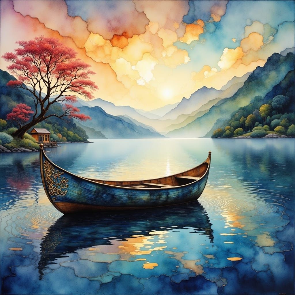 Serene Morning Lake with Intricate Boat in Watercolor Style