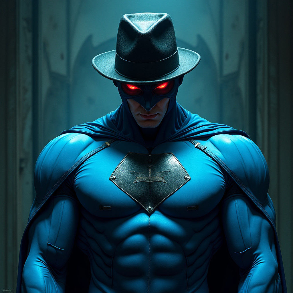 Cyan Superhero with Red Eyes in Cinematic Lighting