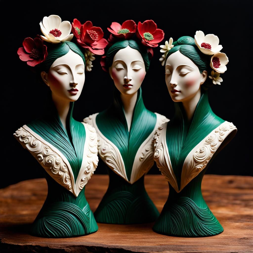 Clay sculptures of three women of Christmas tidings