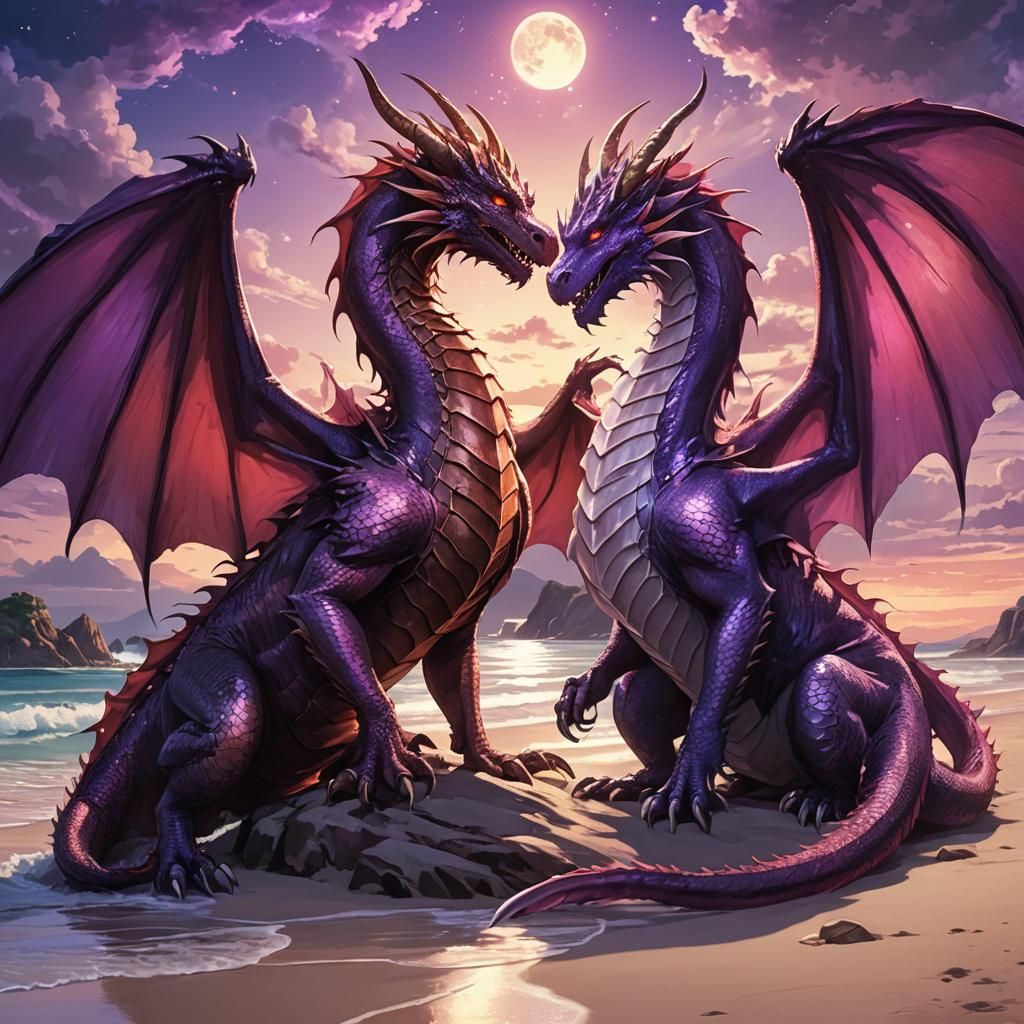 Two Dragons in Love on a Mystical Beach