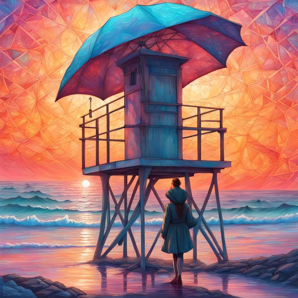 Girl with Umbrella at Mystical Sunrise