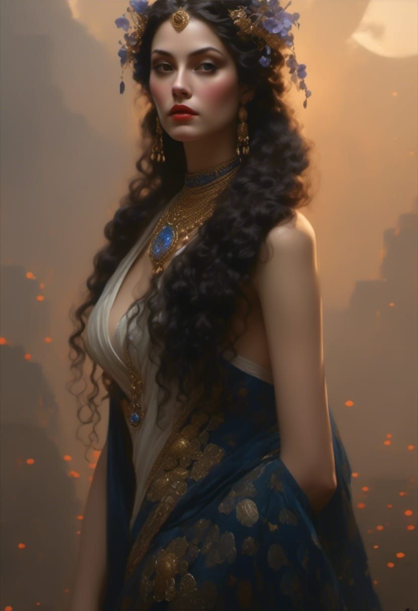 Wolf Woman Goddess with Glistening Skin and Mosaic Fur