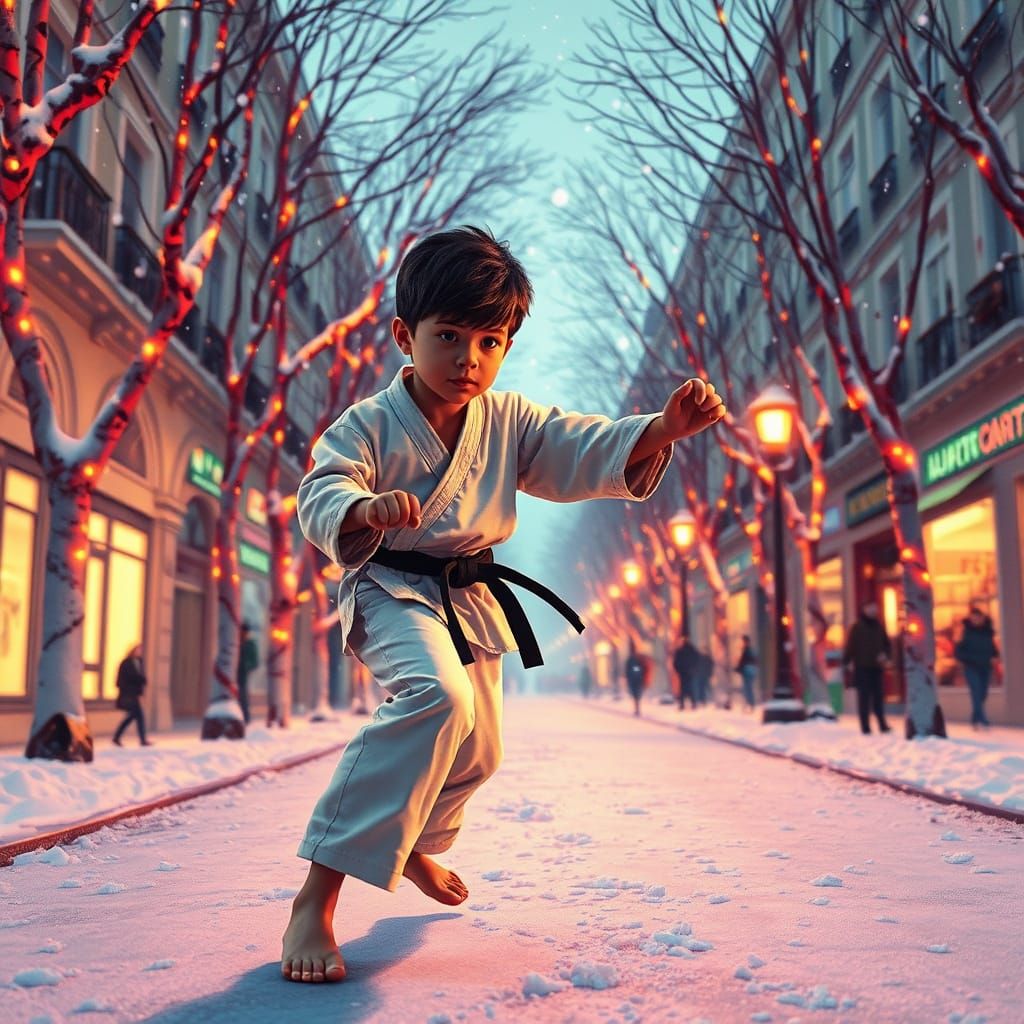 Karate Kid in Lisbon: Fauvist Expressionist Winter Scene