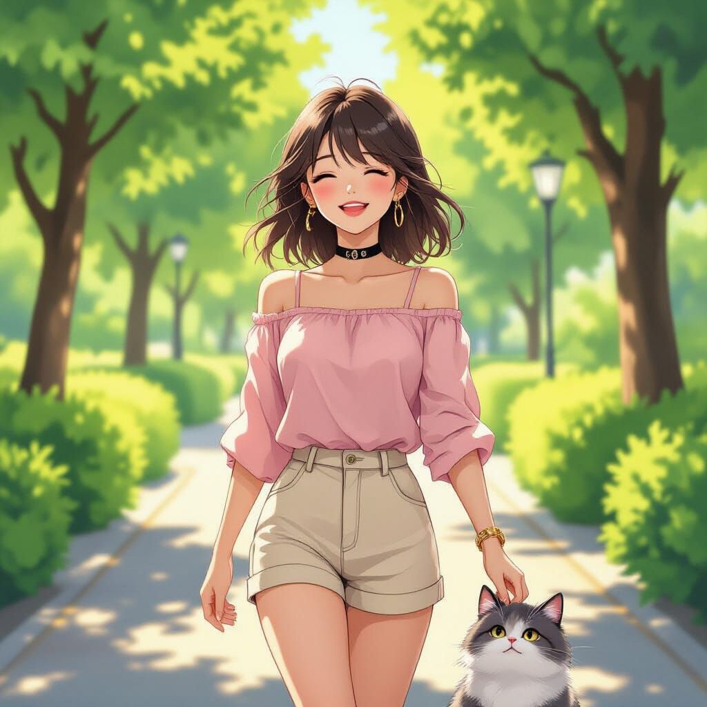 Anime Woman Strolling in Park as Digital Art