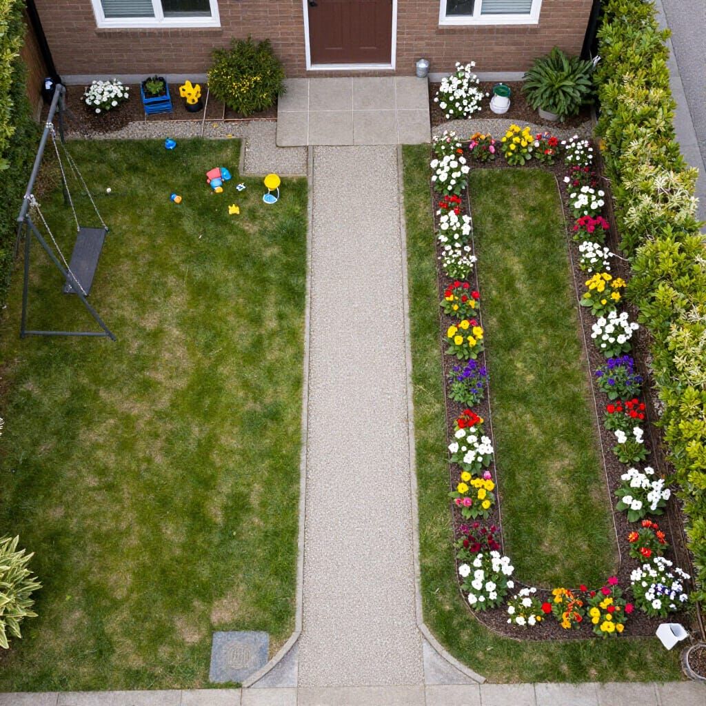 Aerial View Of A House Front Yard With Path and Garden