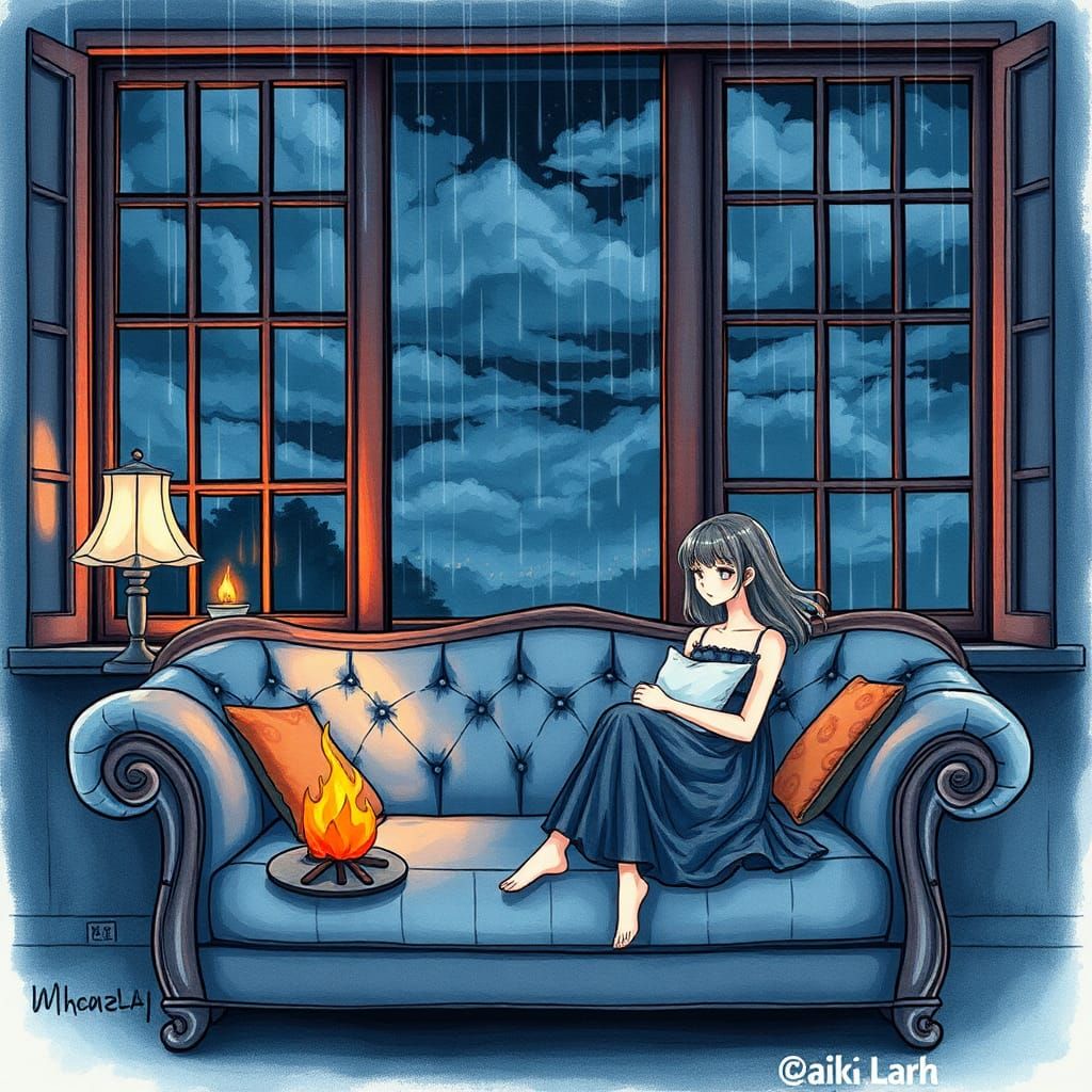 Girl in Rainy Night Scene as Watercolour Art