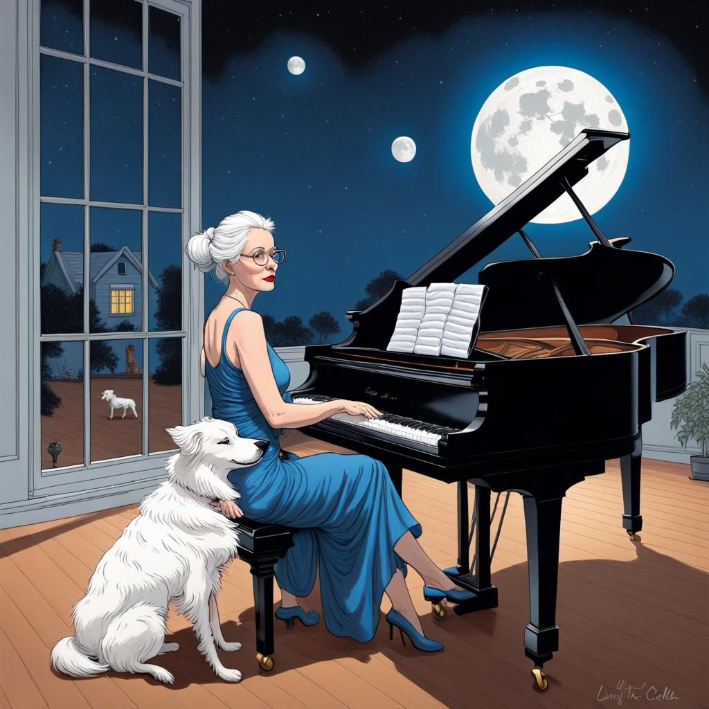 Woman Plays Piano by Moonlight in Ligne Claire Style