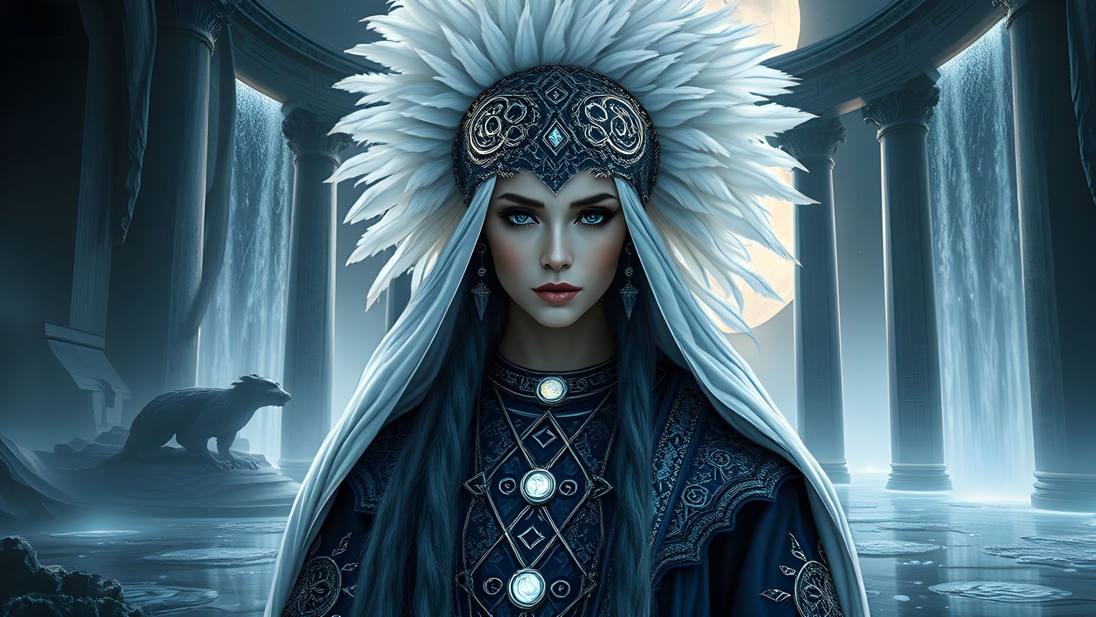 Moon Temple Priestess in Ethereal Cinematic Scene