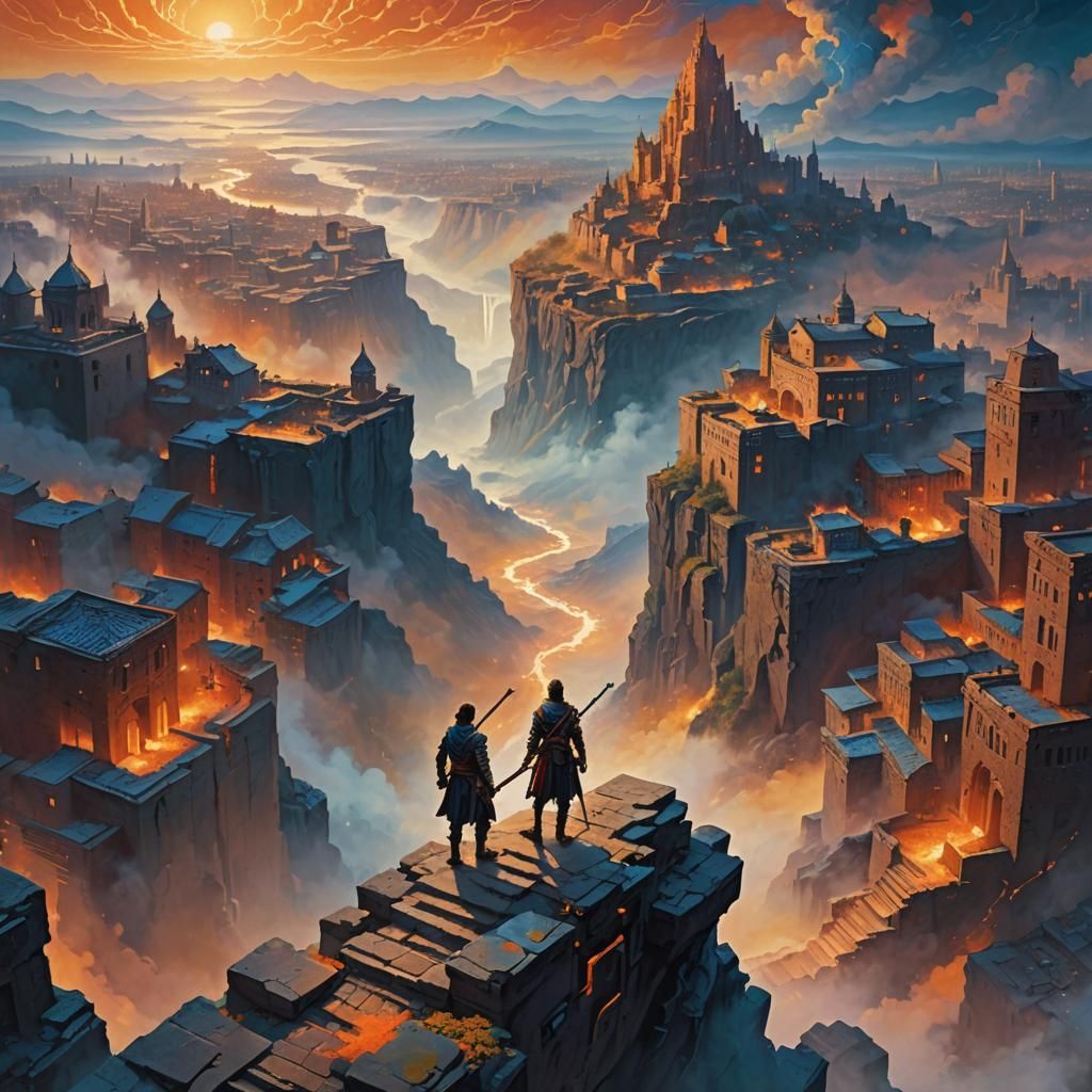 Epic Warrior Overlooks Surreal Cityscape in Oil Painting