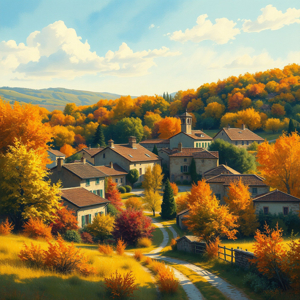 Autumn Village in Impressionist Gouache Style