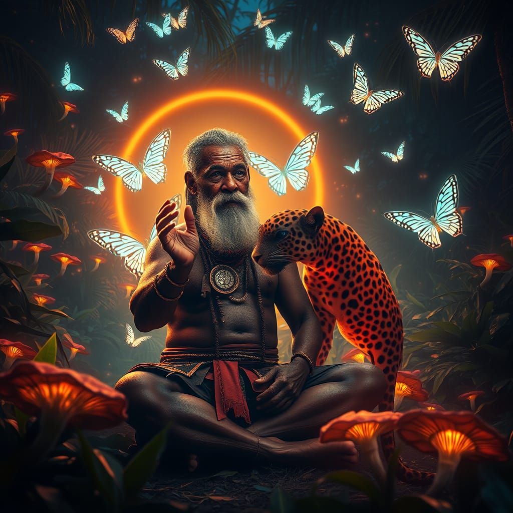 Ancient Wisdom Meets Cybernetic Alliance in a Glowing Jungle...