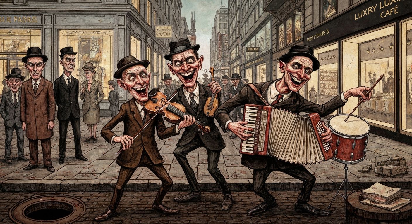 German Expressionist Dada Satire: Chaotic Urban Scene