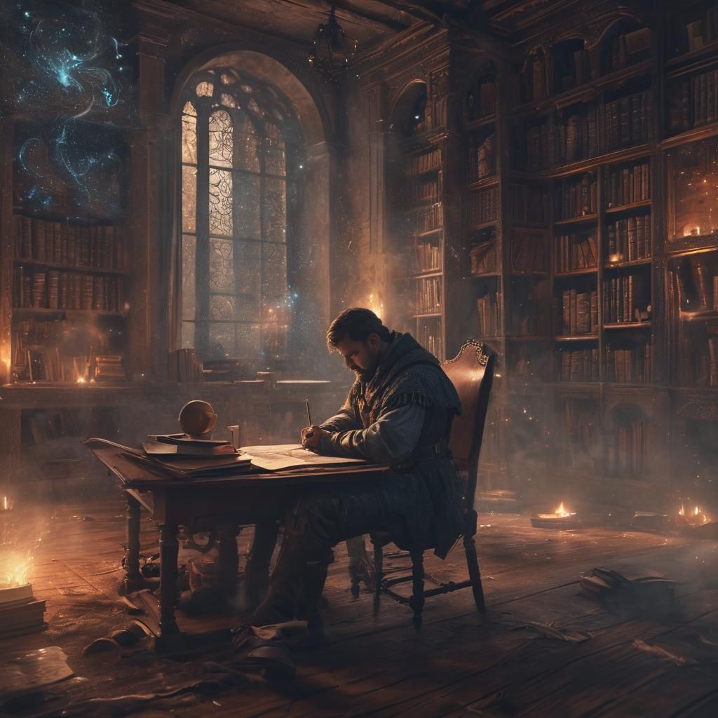 Medieval Scribe in Astral Library: Cosmic Surrealism