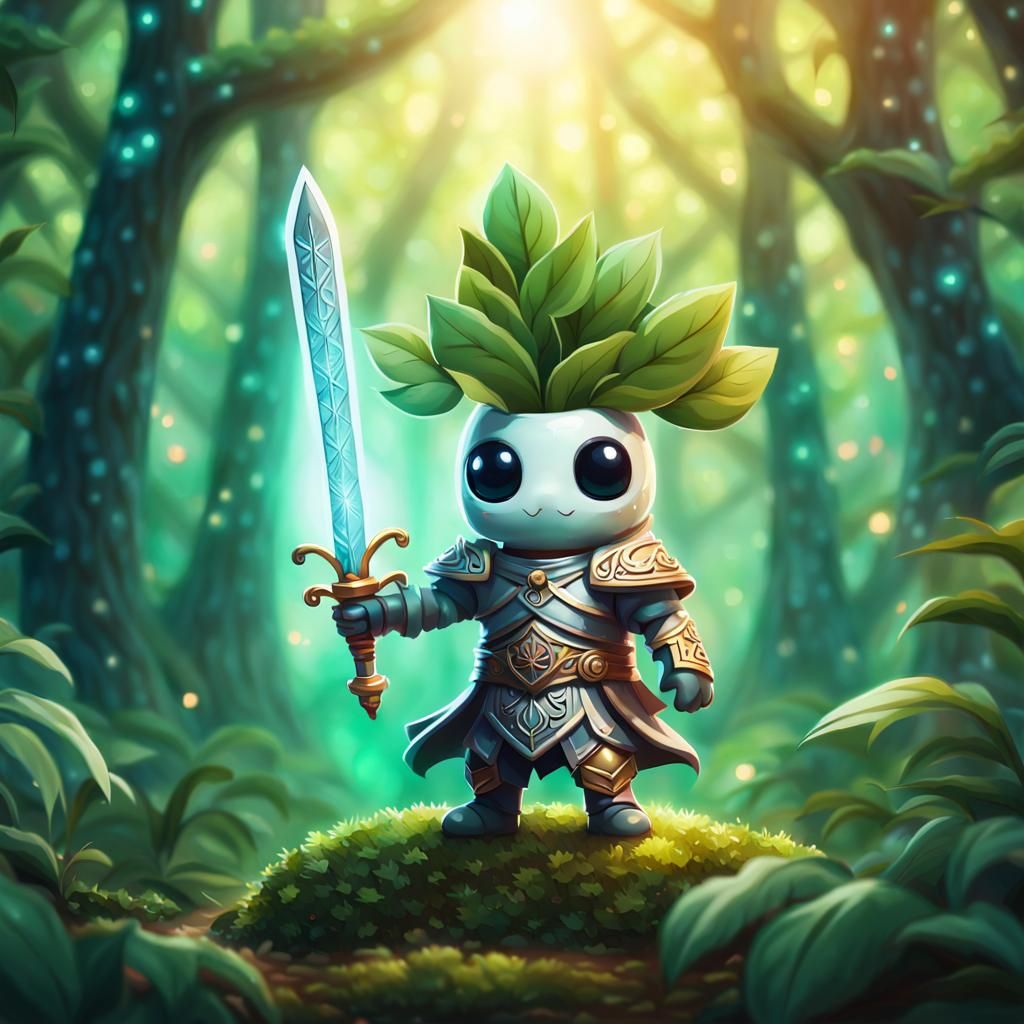 Chibi Plant Warrior in Fantasy Forest Illustration