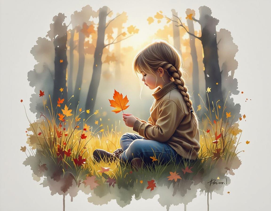 Child Observes Autumn Leaf in Painterly Style