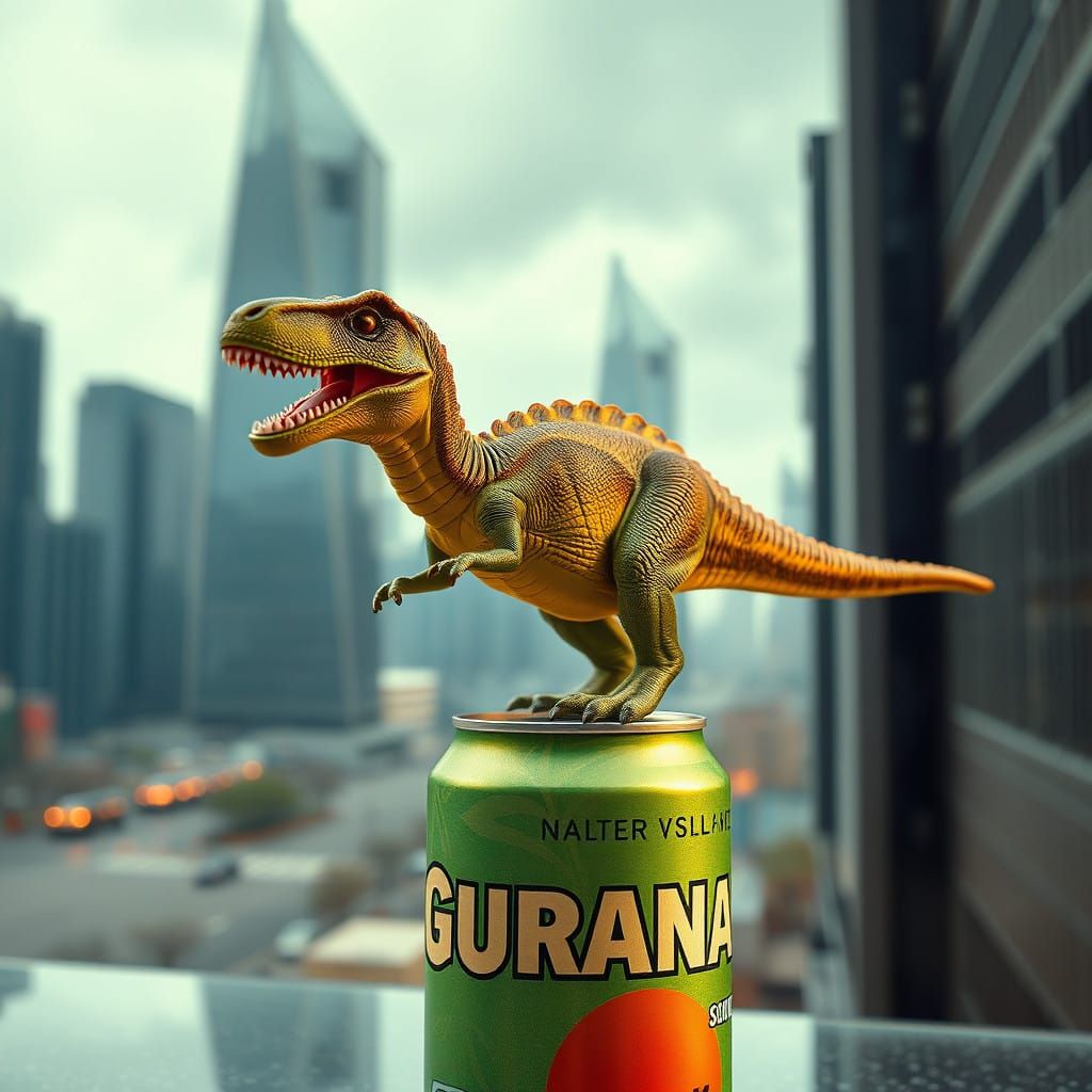 Vibrant Dinosaur Figure on Tropical Guarana Soda Can in Mode...