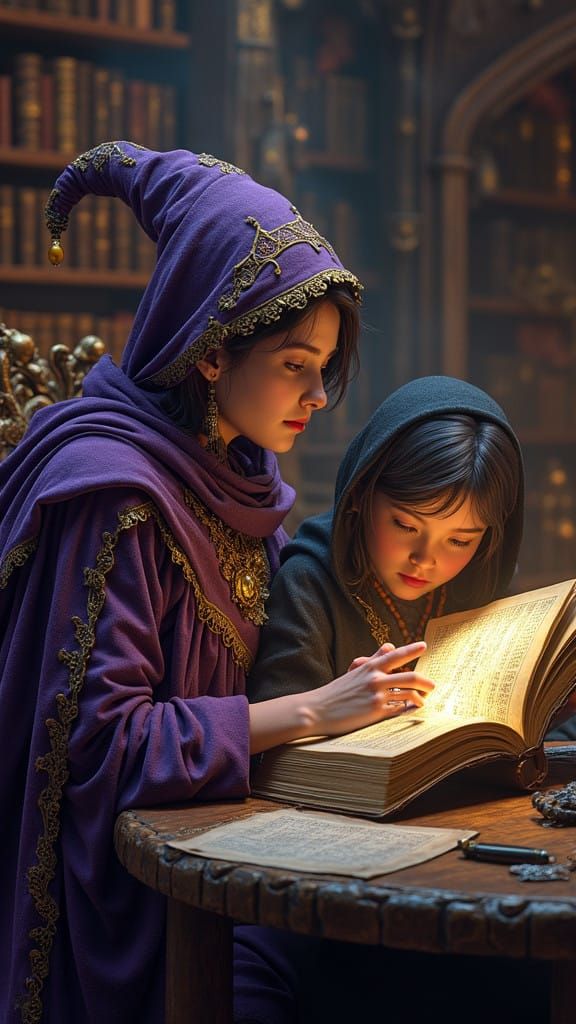 Mystical Sorceress Guides Young Apprentice in Dark Fantasy W...
