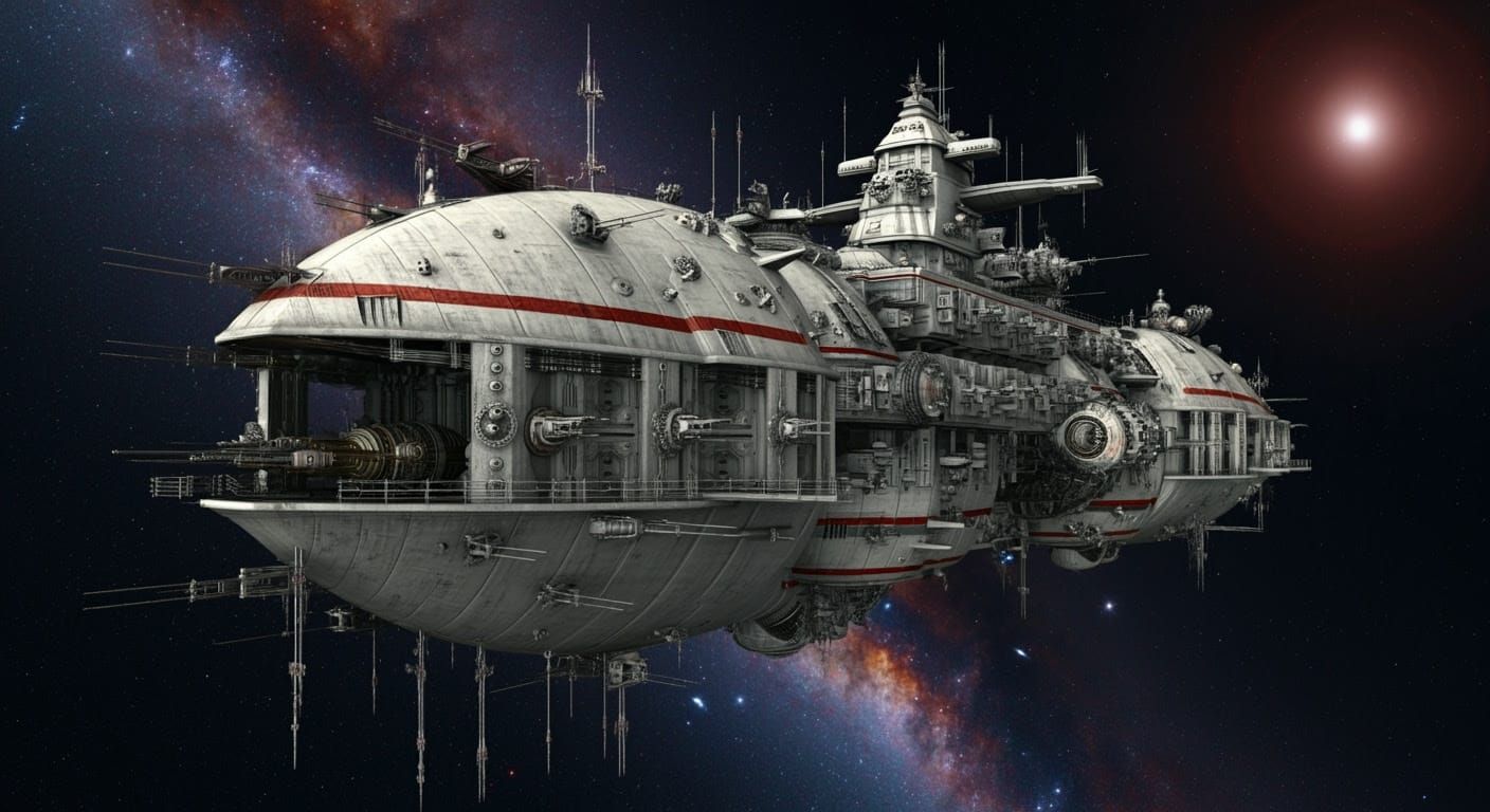 Steampunk Spaceship Amidst Galaxy, Industrial Sci-Fi Style