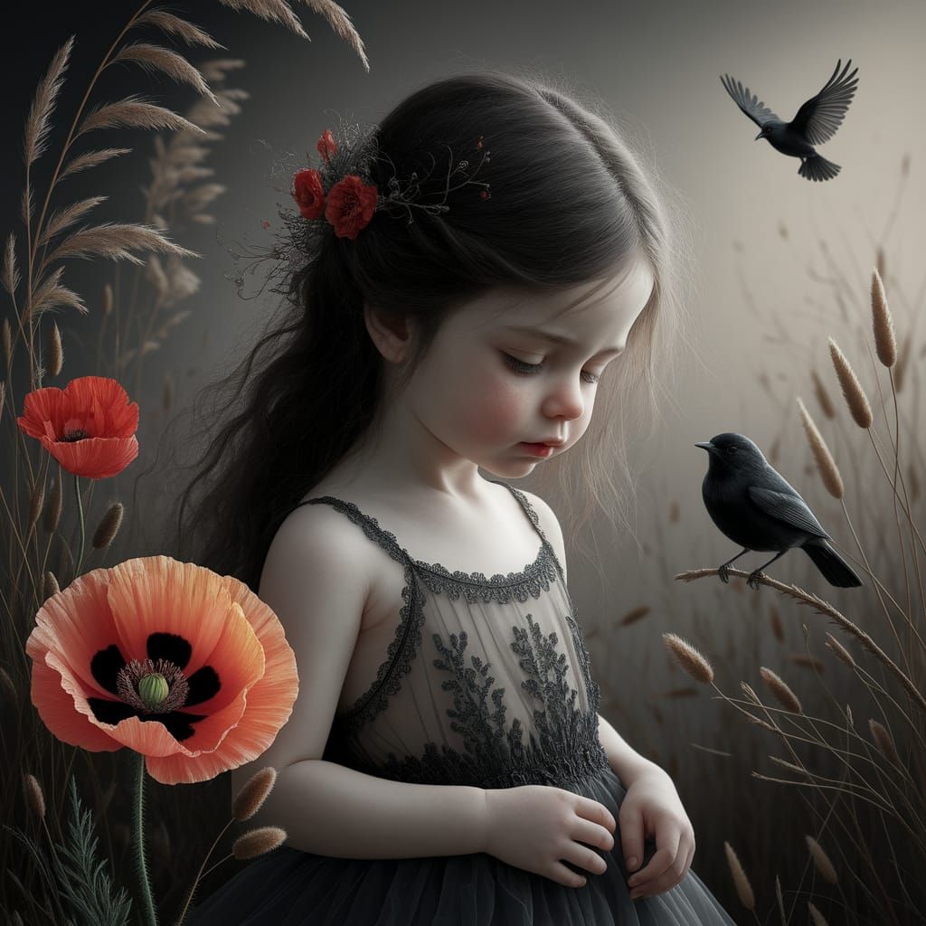 Melancholic Girl in Oil Painting with Poppy and Birds