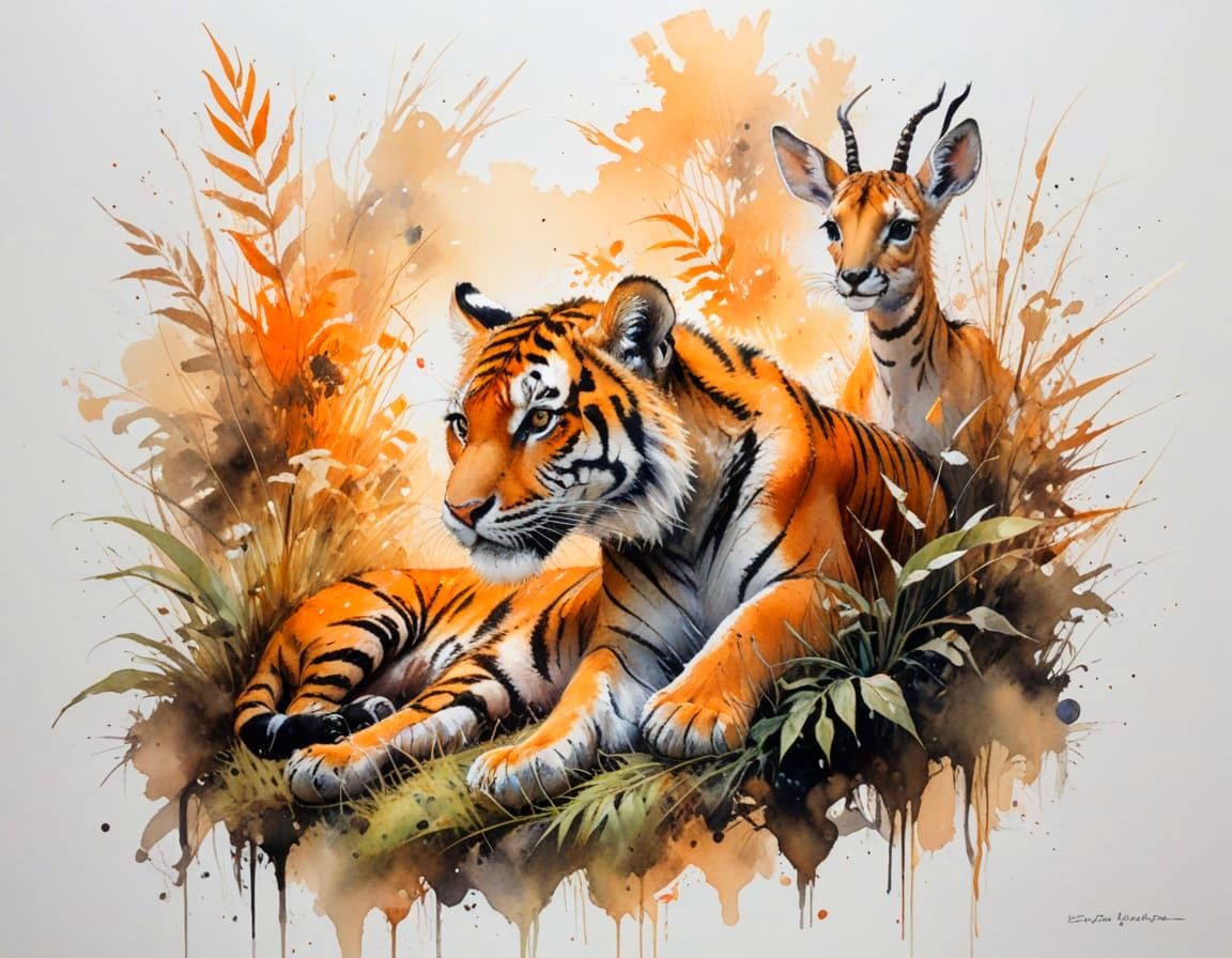 Tiger Cub and Gazelle in Dappled Jungle Sunlight