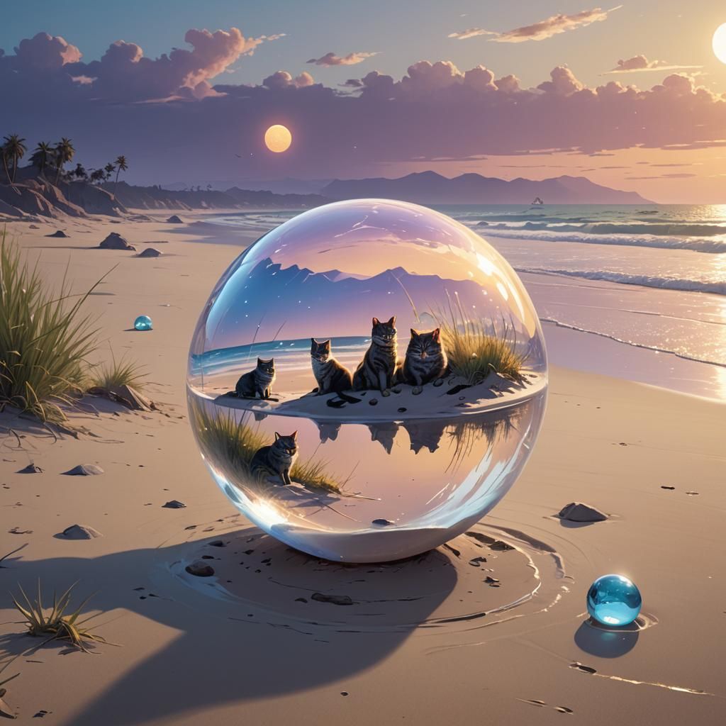 Glass Cat Family in Orb: Fantasy Concept Art