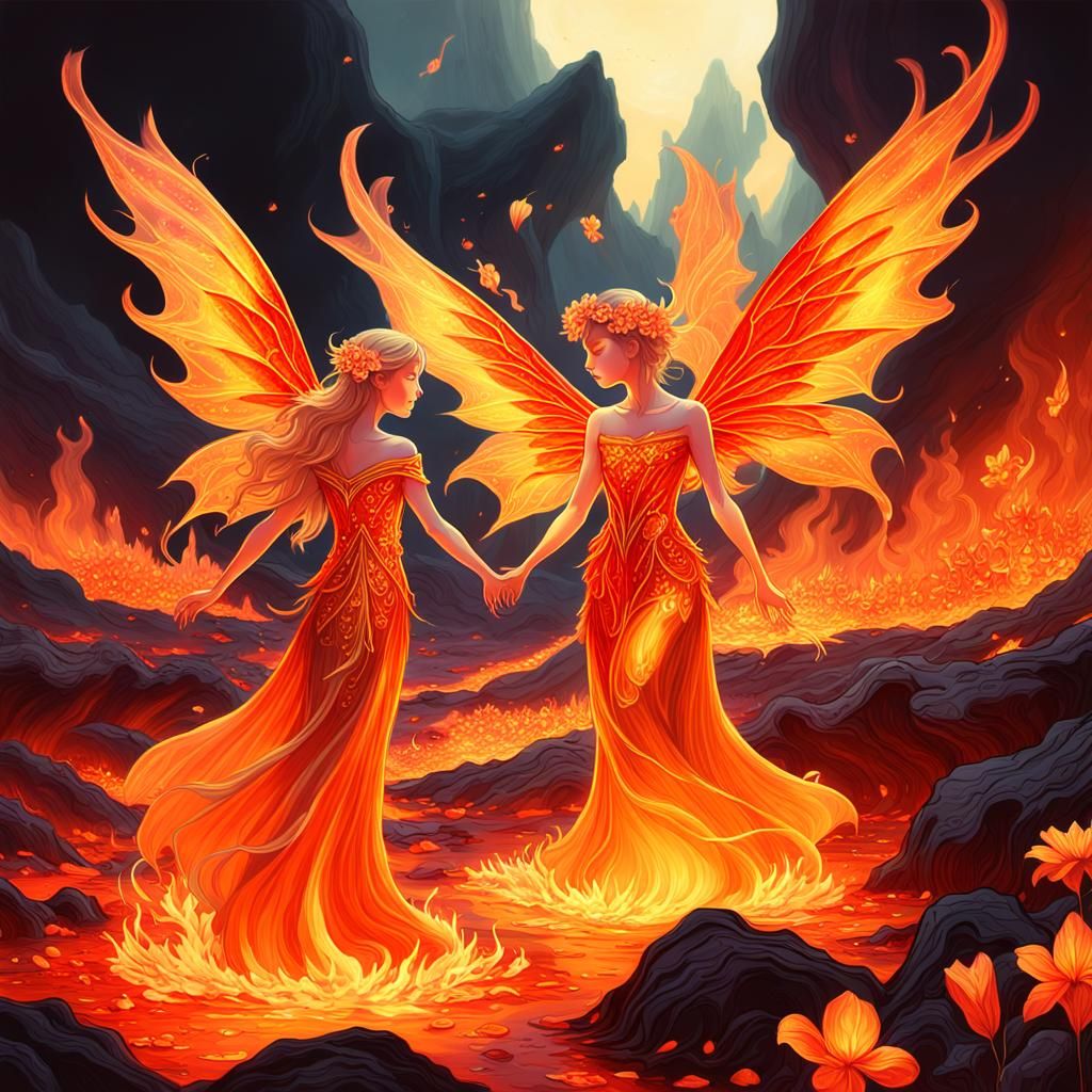 Fire Fairies in Lava Meadow: A Fantasy Illustration
