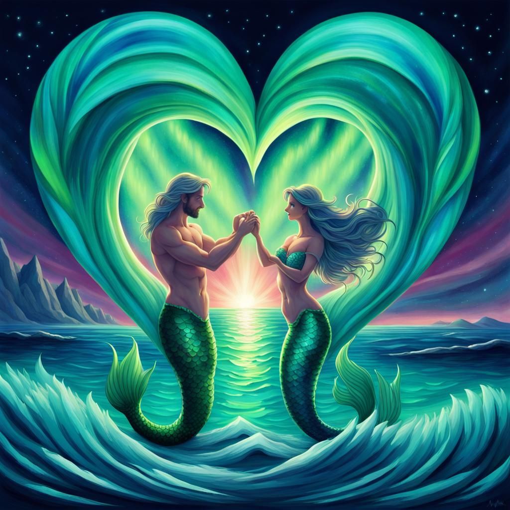 Aurora Borealis Mermaid and Merman Ocean Heart