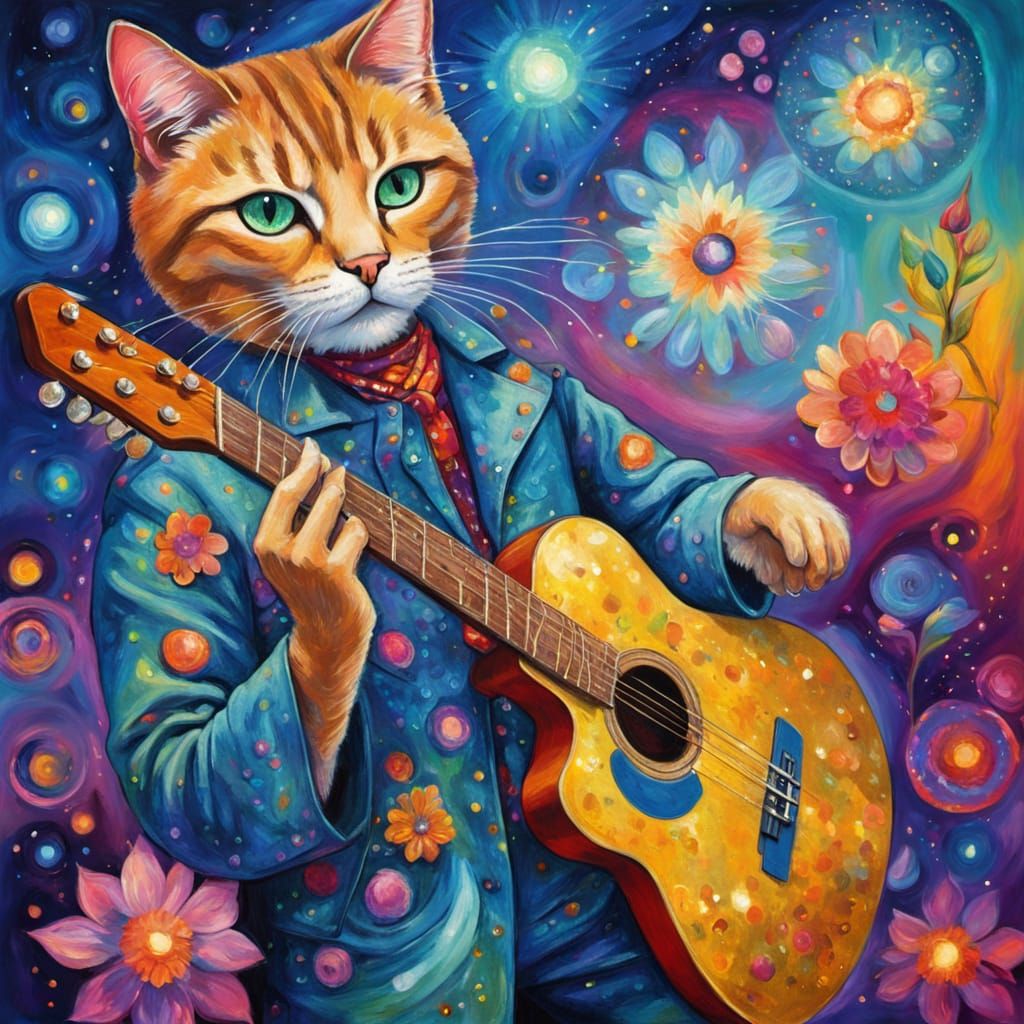 Psychedelic Hippie Cat Oil Painting in Fauvist Style