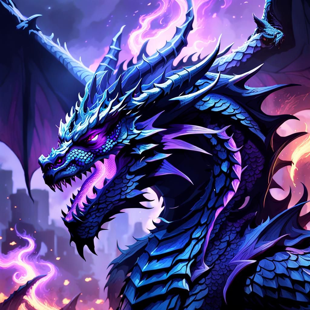 A fierce shadow black dragon with dark aura and breathing purple flames a close up shot