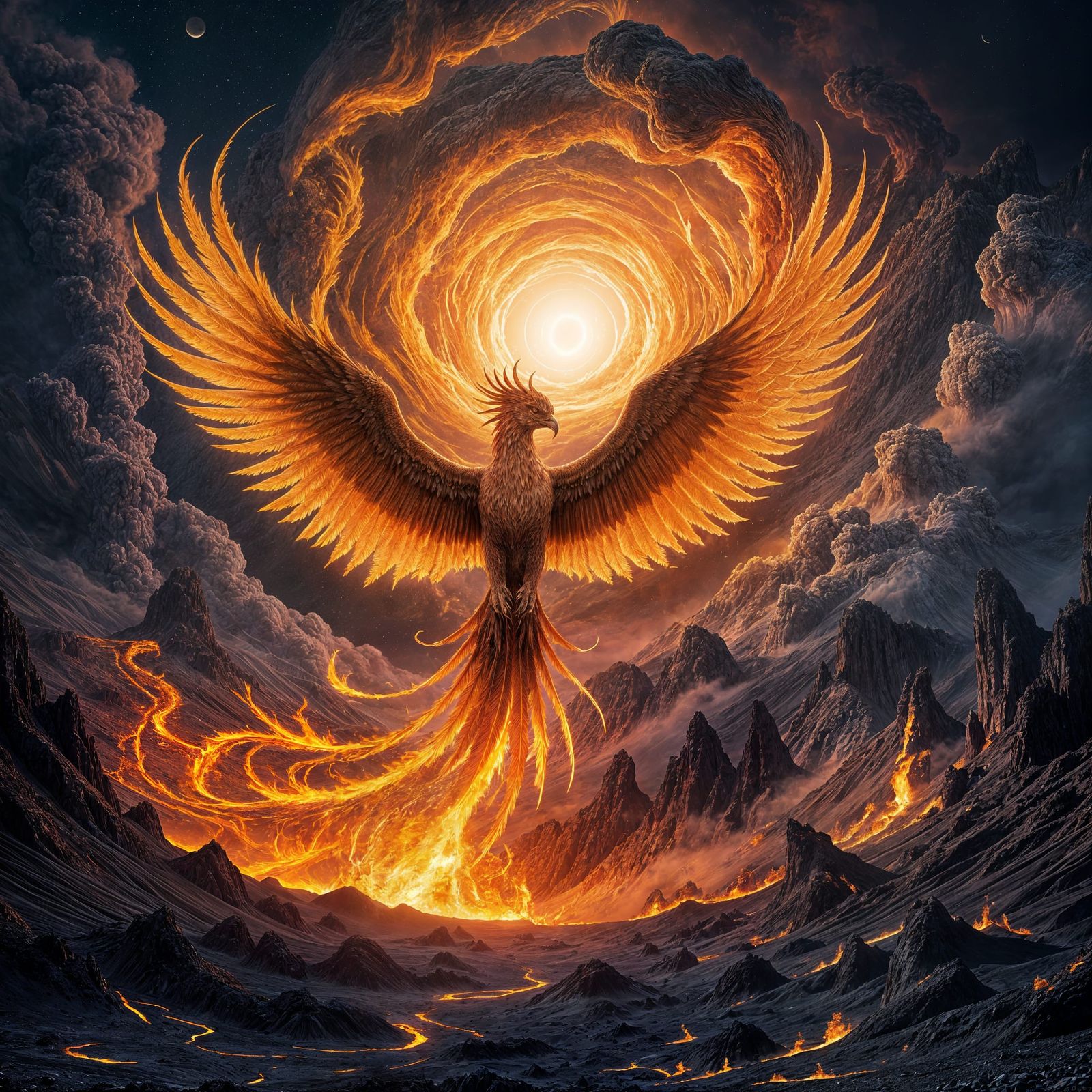 Majestic Phoenix Rising from Volcanic Ash