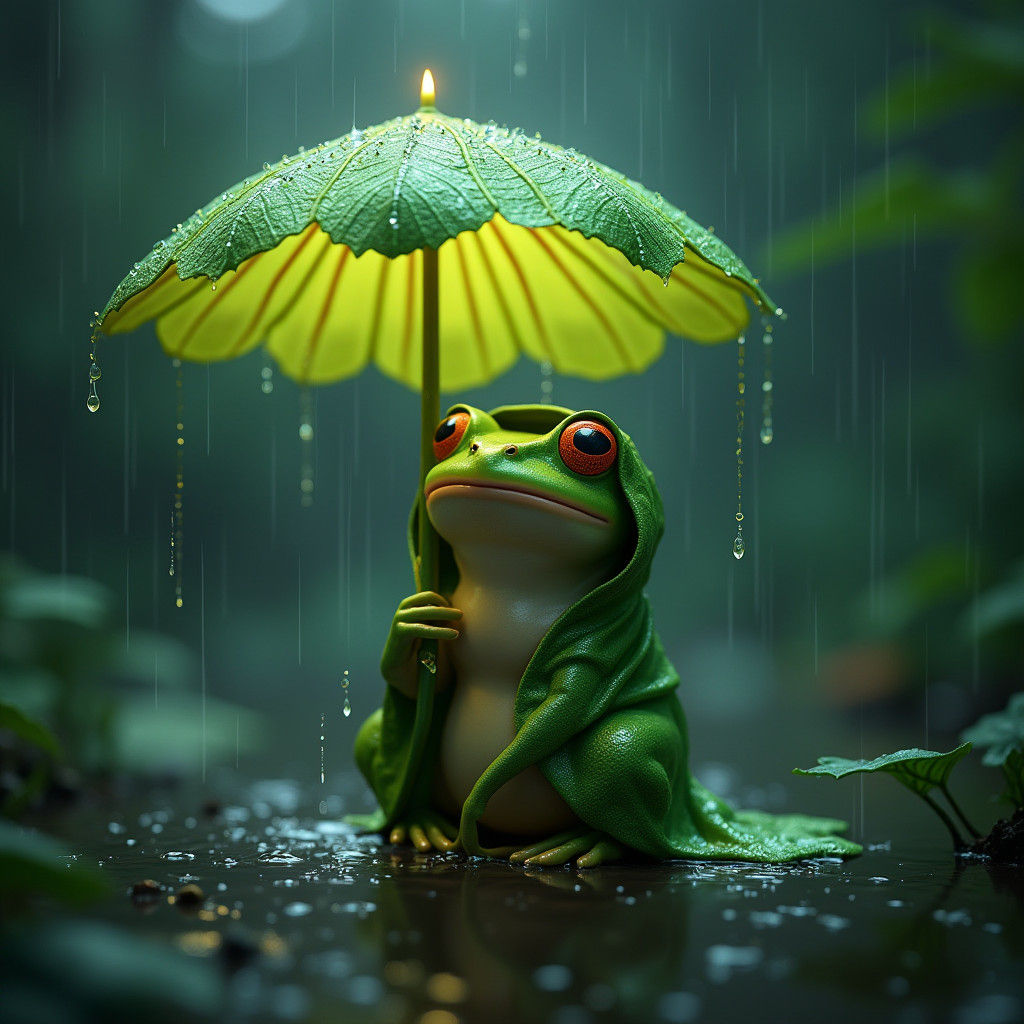 Verdant Frog Under Glowing Leaf Umbrella