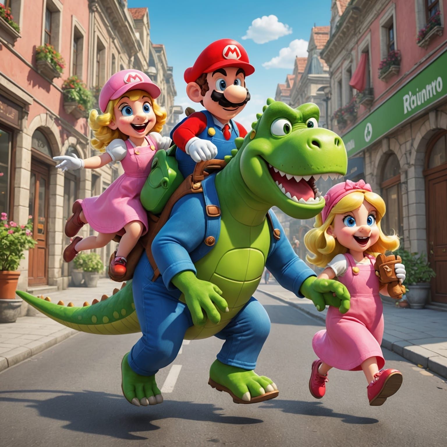 Cartoon Plumber and Dinosaur Chase Gorilla