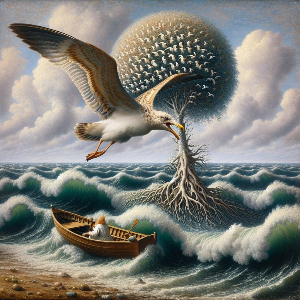 Ocean Scene with Seagull in Post-Impressionist Style