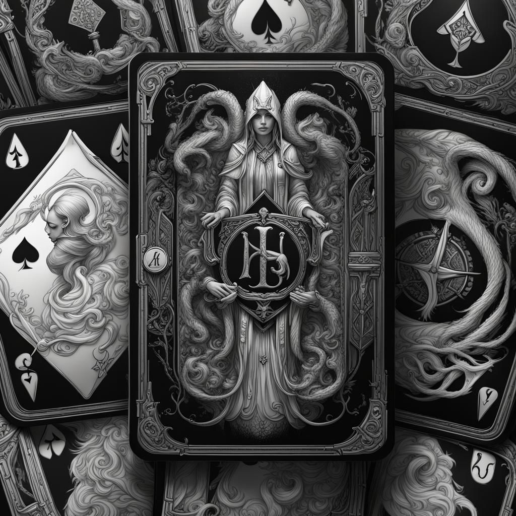 Ornate Black and White Tarot Cards in Dark Fantasy Style