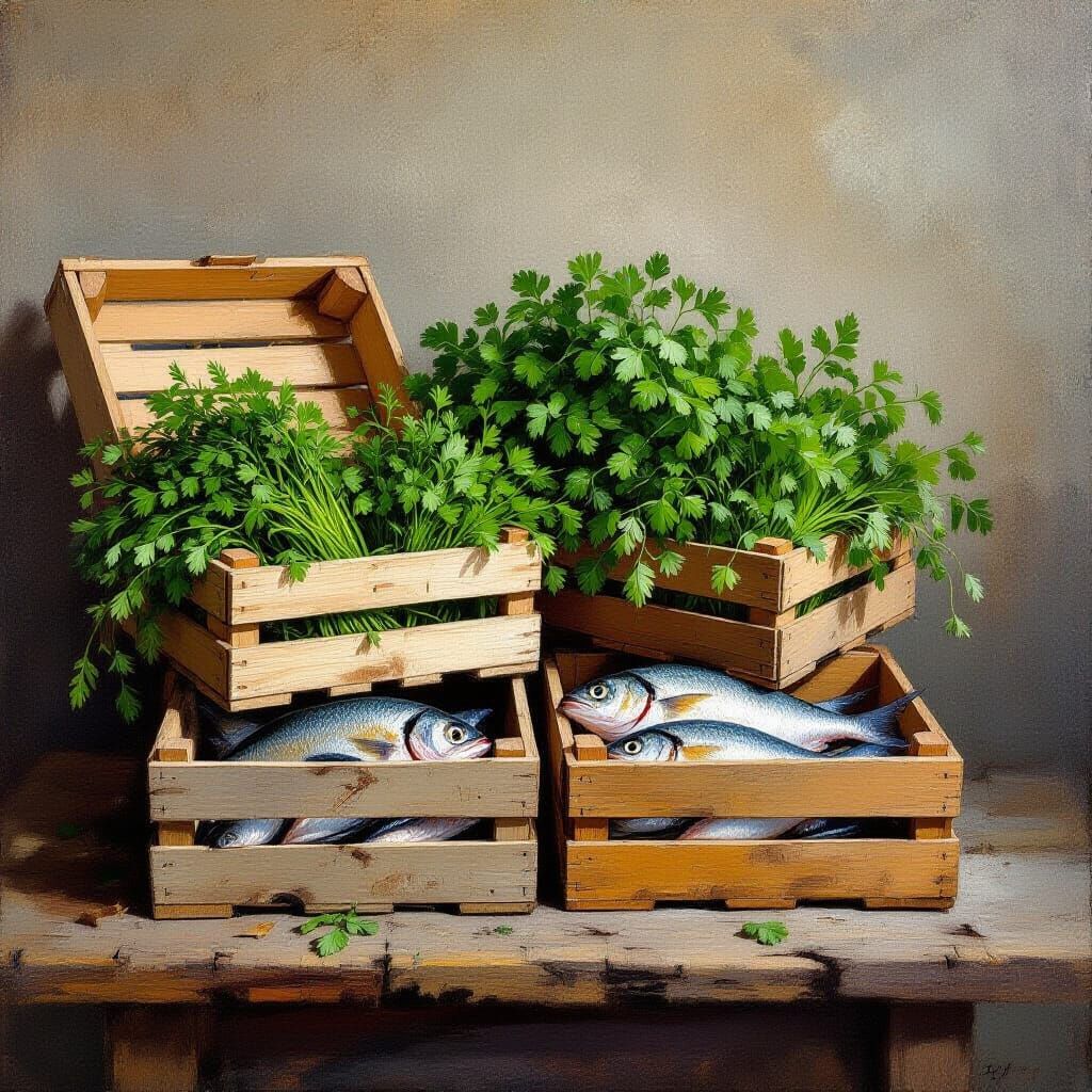 Rustic Still Life with Herbs and Smoked Fish