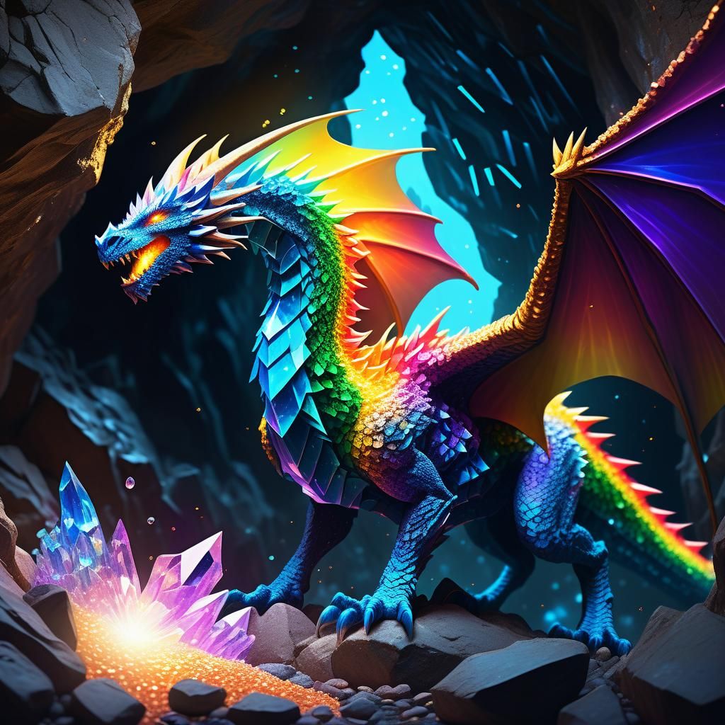 Rainbow Crystal Wyvern Emerges: Vivid Digital Art