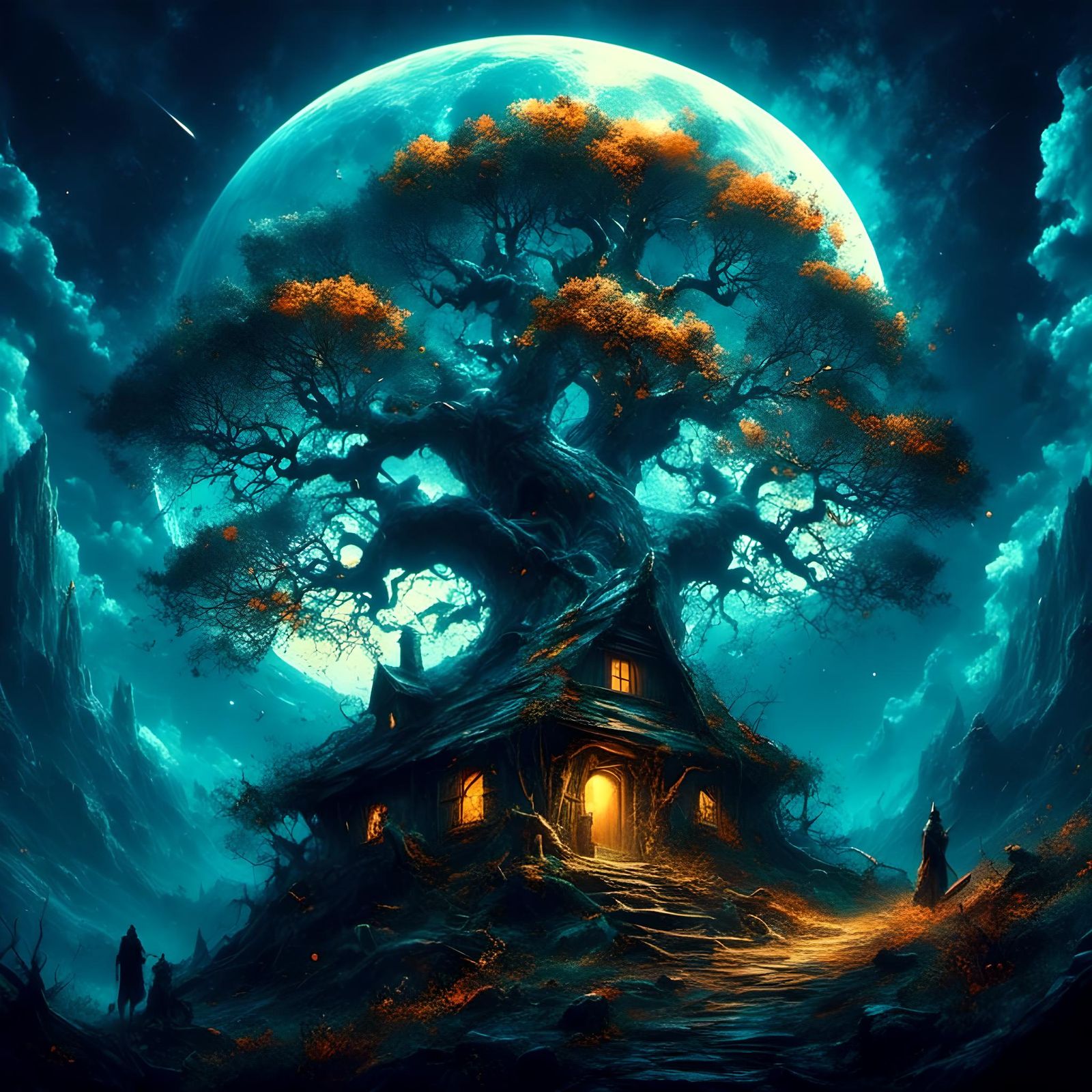 Whimsical Witch Treehouse Under a Colorful Yggdrasil