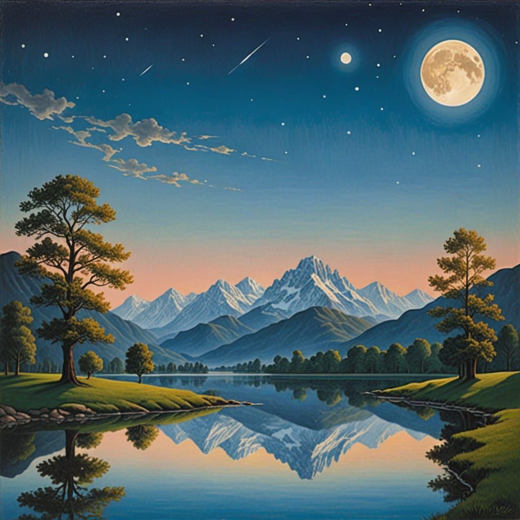 Mountain Sunrise to Starry Night in Dreamlike Landscape