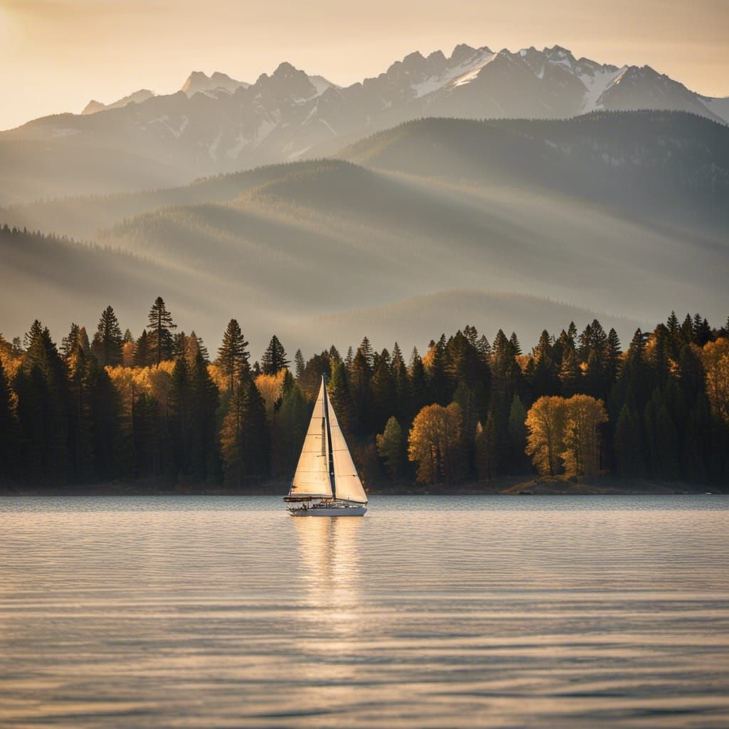 Telephoto Shot of Sailboat on Lake at Sunrise