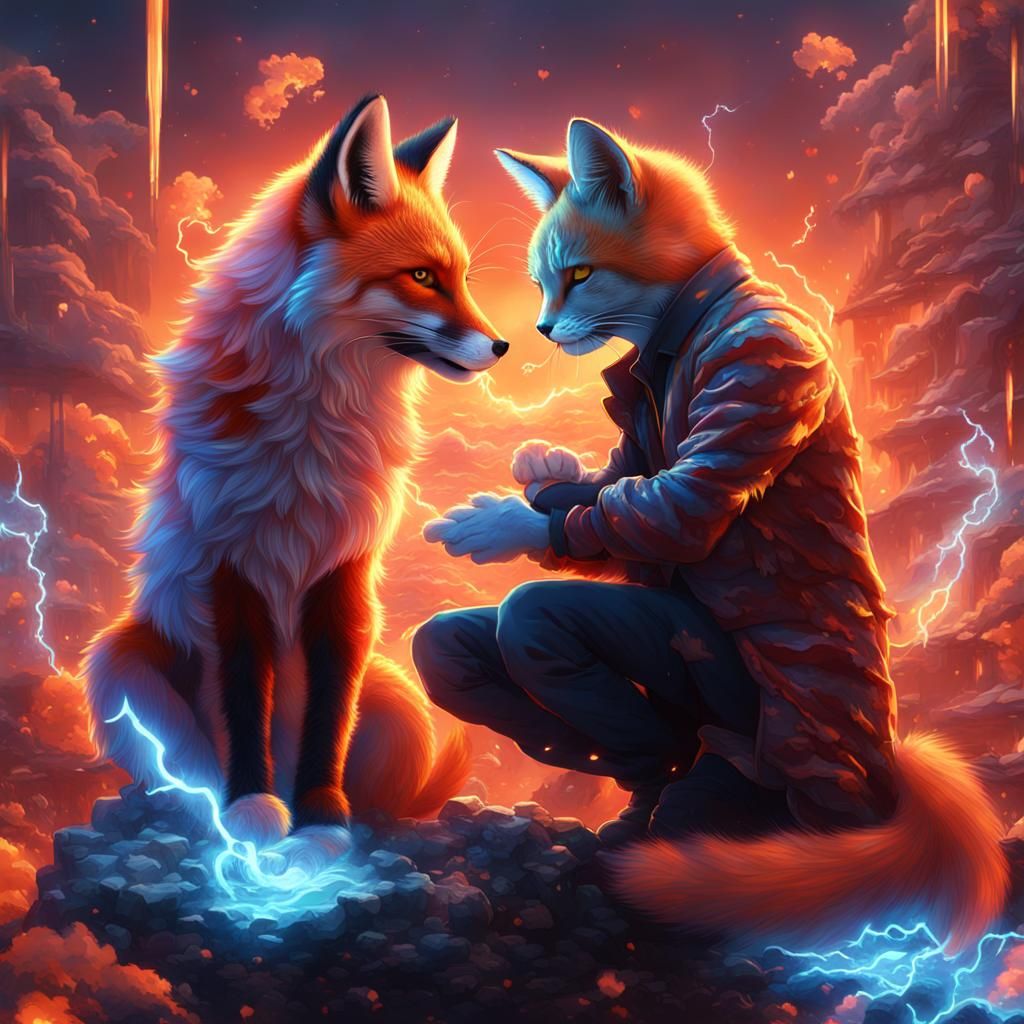 Fox and Cat Asian Men in Love, Digital Painting
