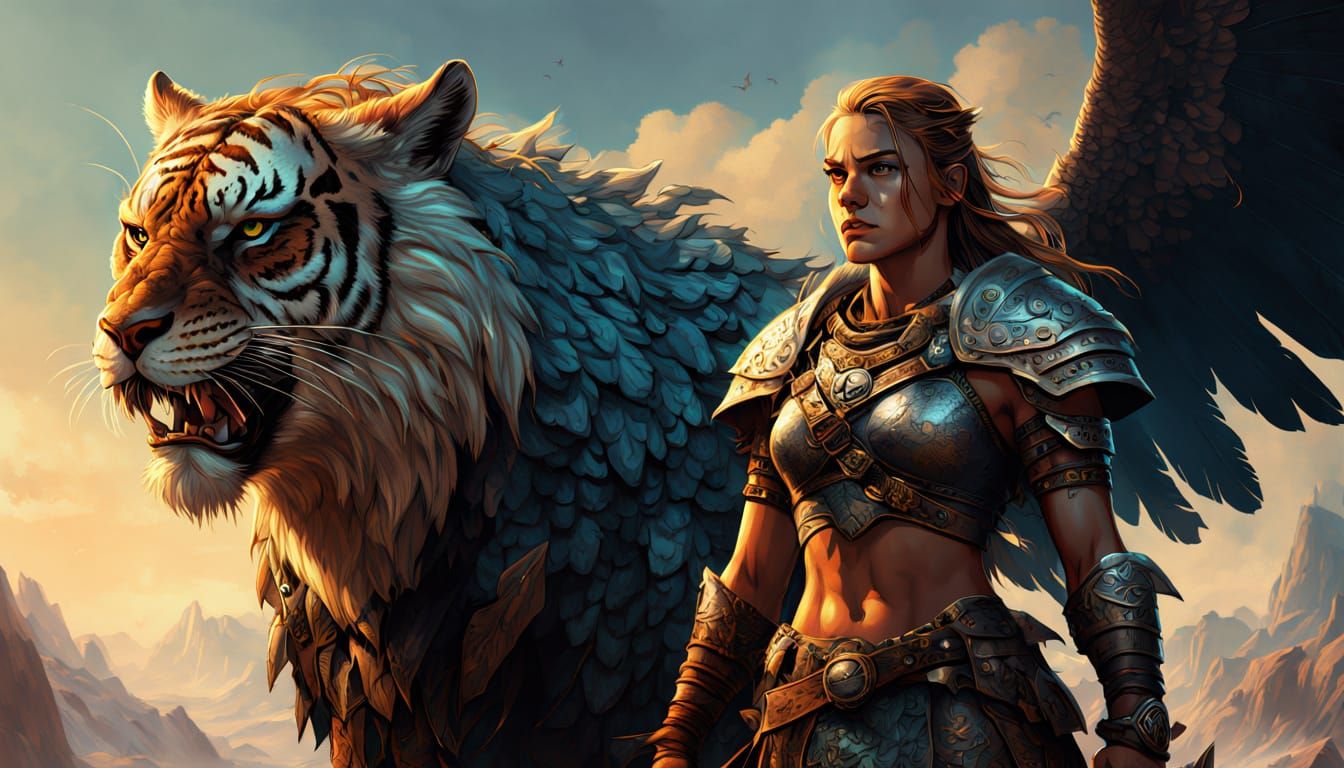 Viking Warrior Woman in Triadic Contrast with Sabertooth Tig...