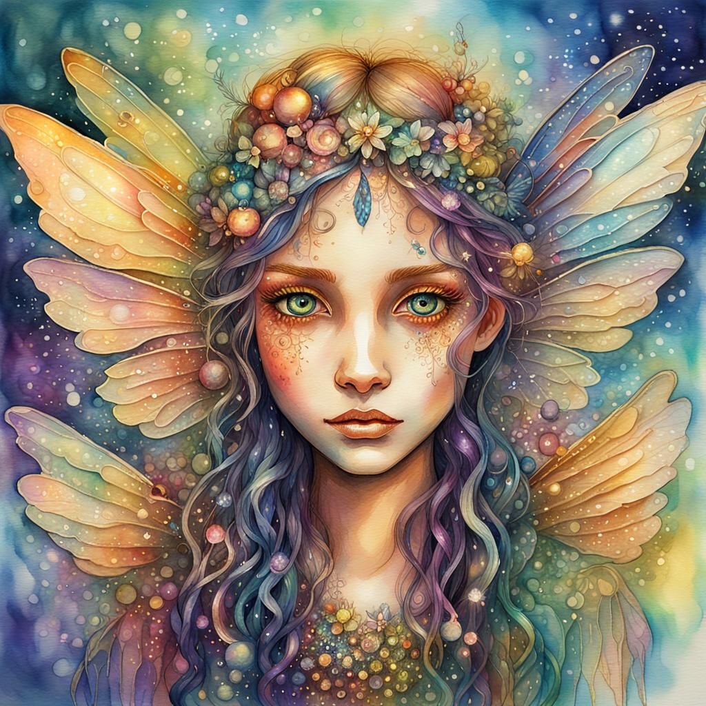 Iridescent Fairy Portrait in Mixed Media Fantasy Art